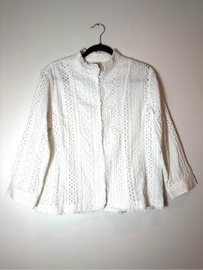 Chico's White Eyelet Geometric Cut-Out Button-Down Shimmer Size 2